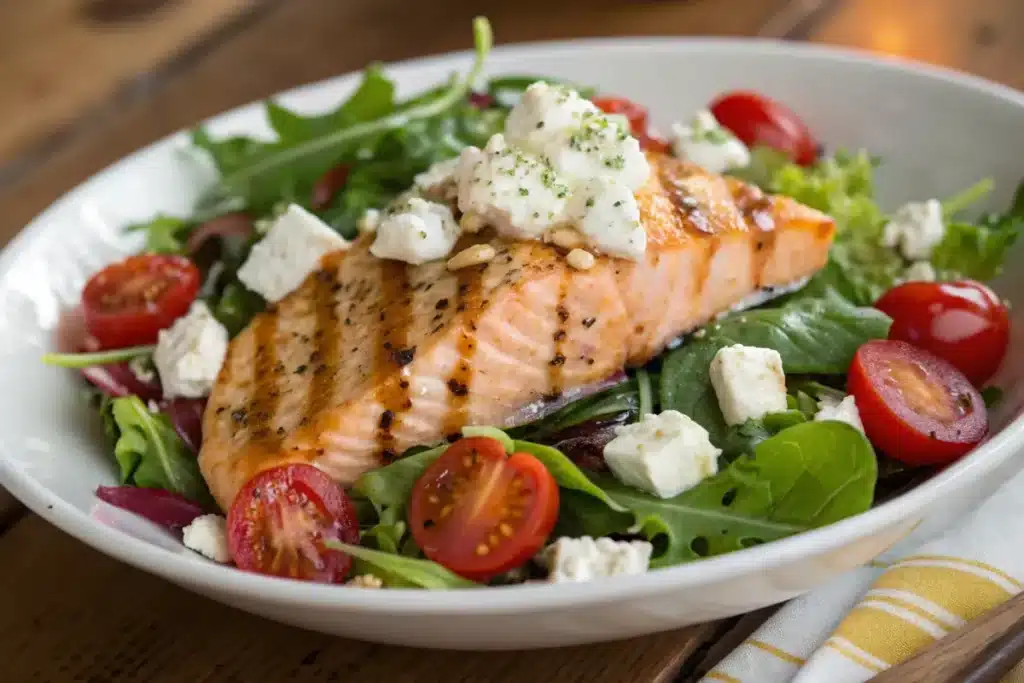 Grilled salmon salad with crisp greens and vibrant toppings.