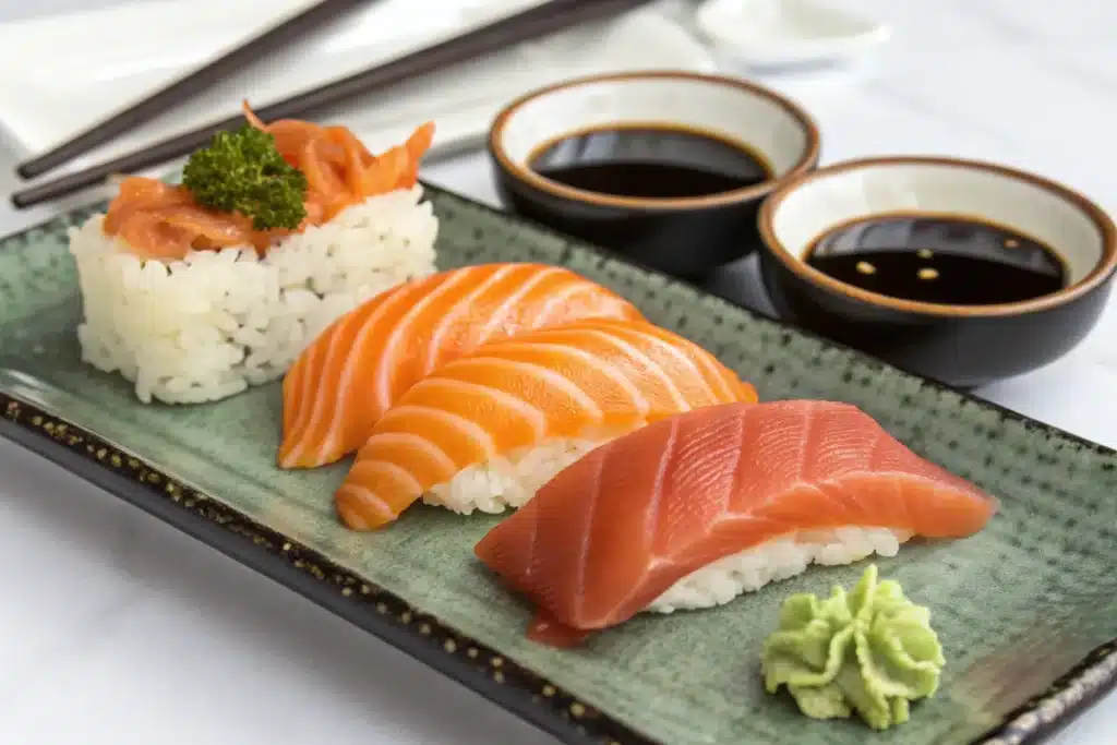 A side-by-side plate featuring both nigiri and sashimi with condiments.
