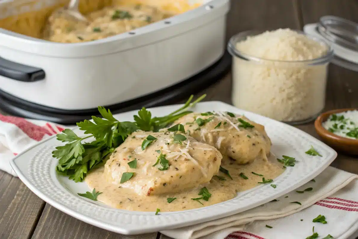 Creamy garlic parmesan chicken served on a white plate with parsley garnish.