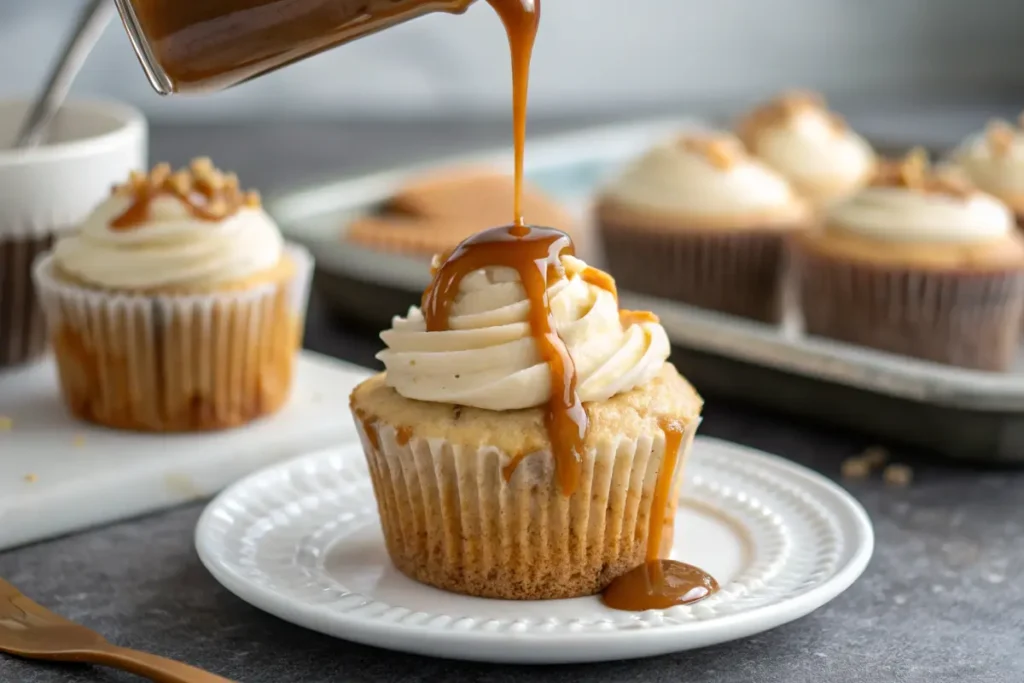 A gluten-free cupcake topped with frosting and caramel drizzle.