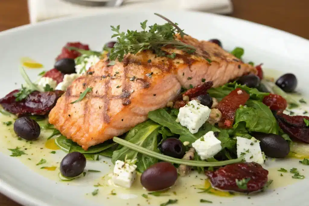 Mediterranean-style grilled salmon salad with feta and olives.