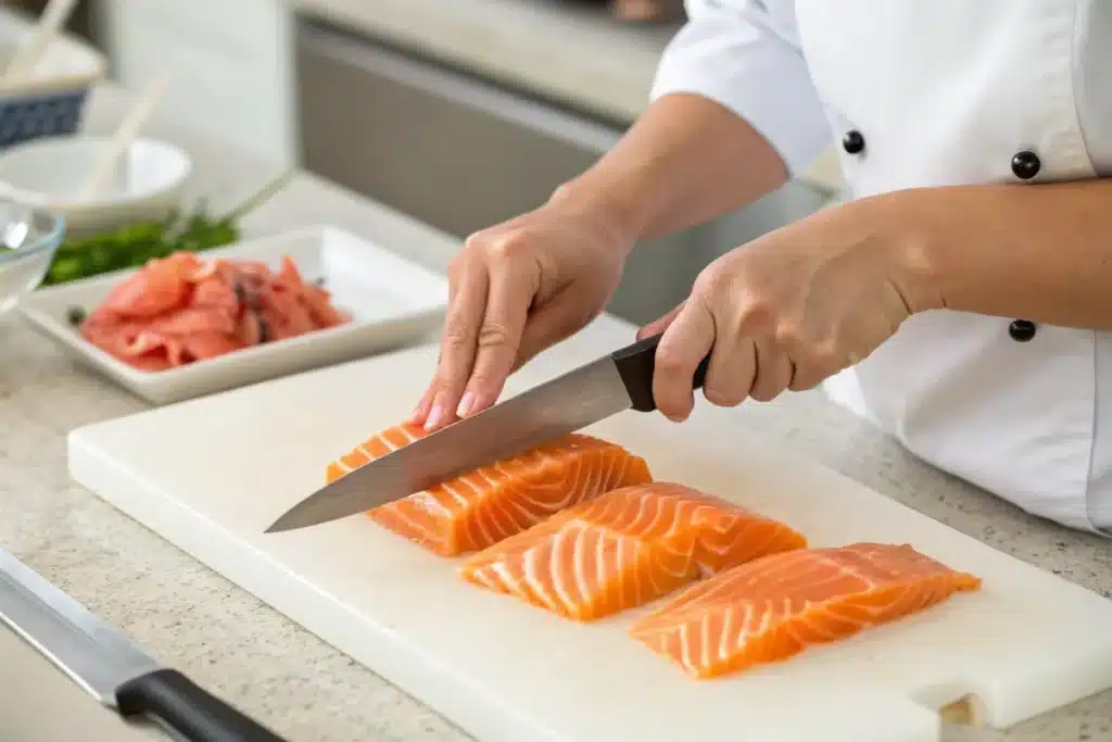 Chef slicing raw salmon with a sharp sashimi knife on a wooden cutting board