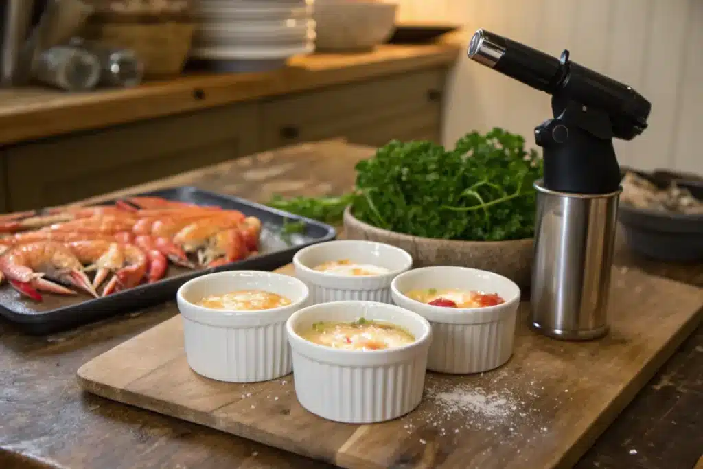 Tools for making crab brûlée, including ramekins, a blow torch, and fresh crab meat.