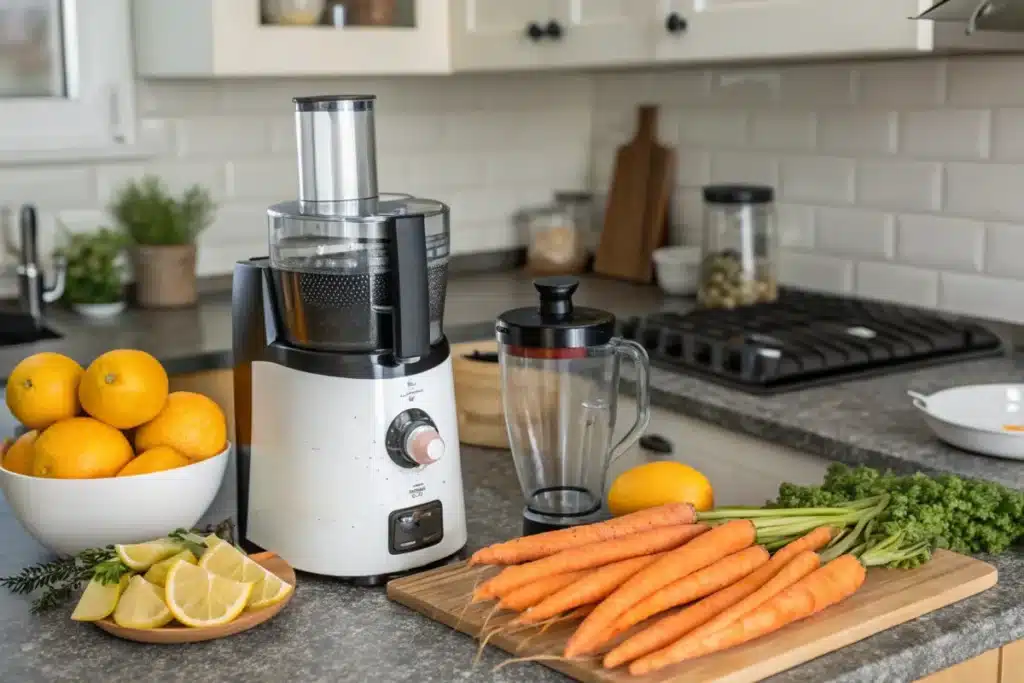 Juicer, blender, and grater with fresh carrots and lemons.