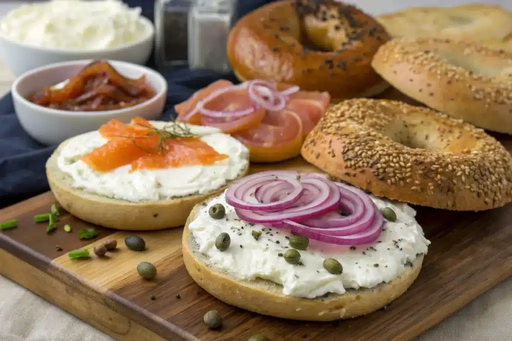 Assorted bagels with cream cheese and toppings.