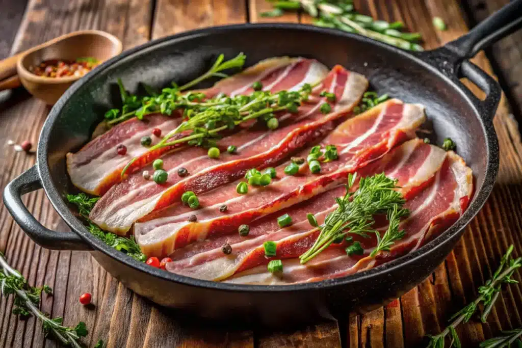 Beef bacon sizzling in a cast-iron skillet