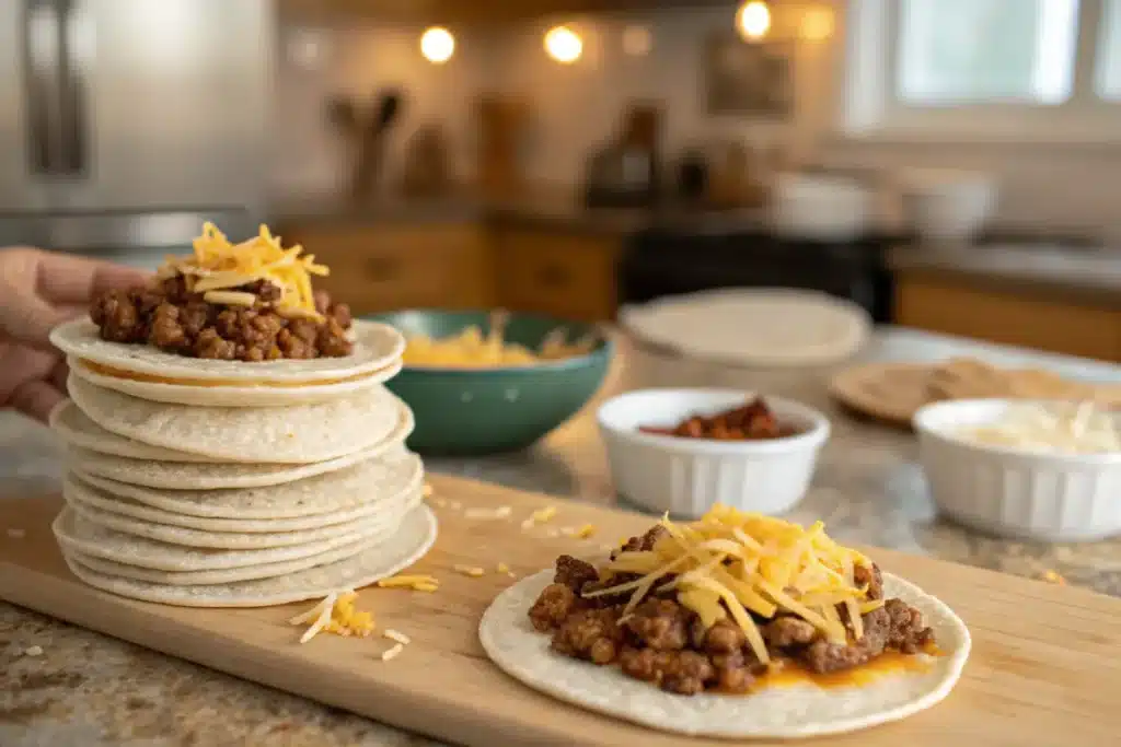 Mini tortillas being filled with beef and cheese for homemade tacos.