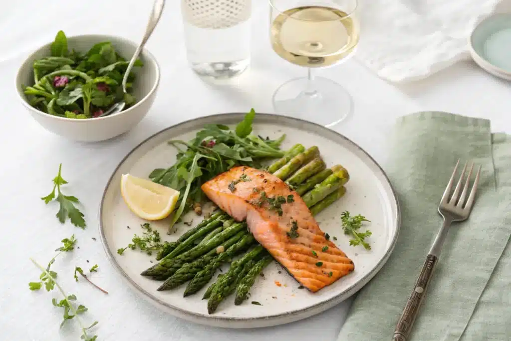 Grilled salmon salad with roasted asparagus and wine.