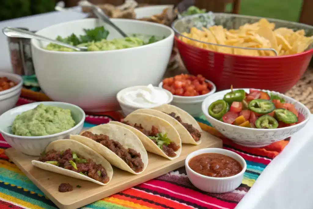 A taco bar setup with mini tacos and toppings on a festive table.