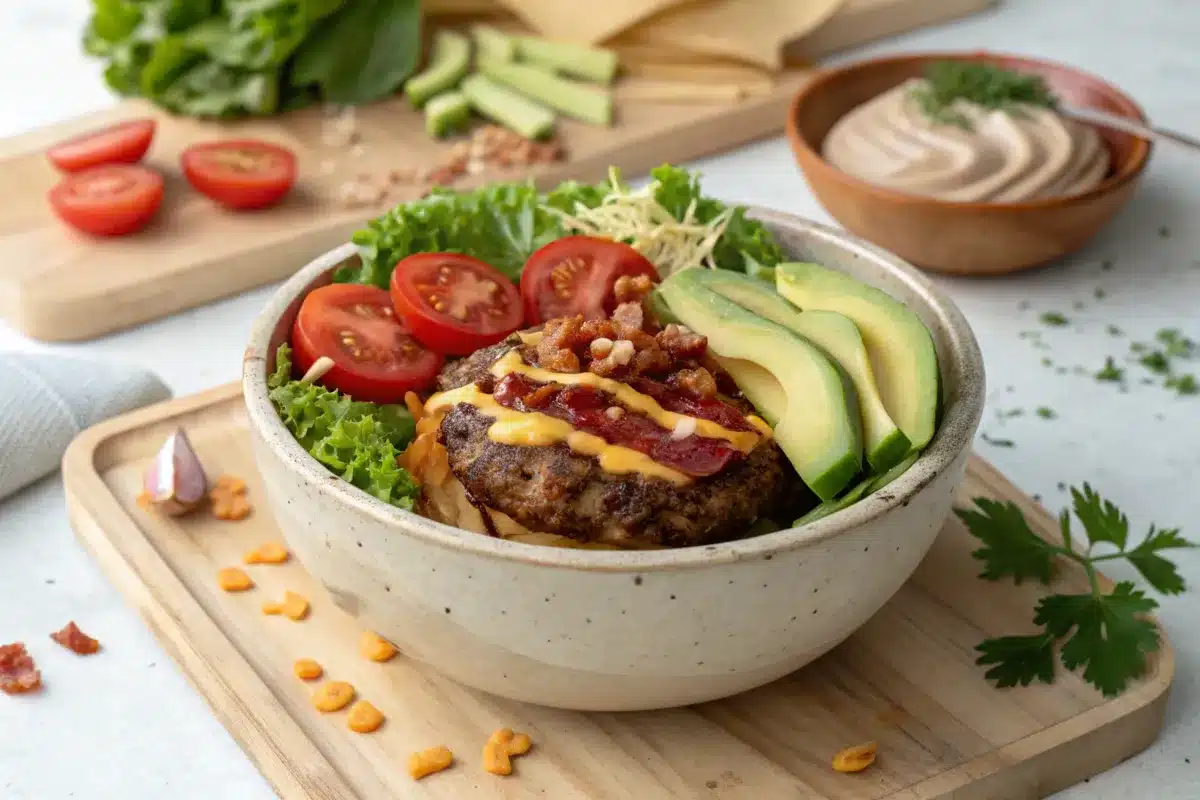 A fully assembled Burger Bowl featuring a juicy beef patty, fresh lettuce, tomatoes, avocado, cheddar cheese, bacon, and aioli. Perfect for showcasing the final outcome in this Burger Bowl Guide