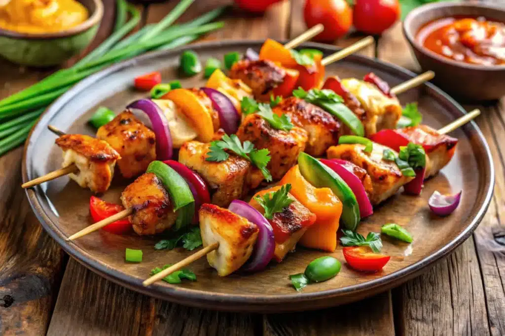 Bang Bang Chicken Skewers served on a rustic wooden platter with colorful vegetables and creamy sauce, perfectly grilled