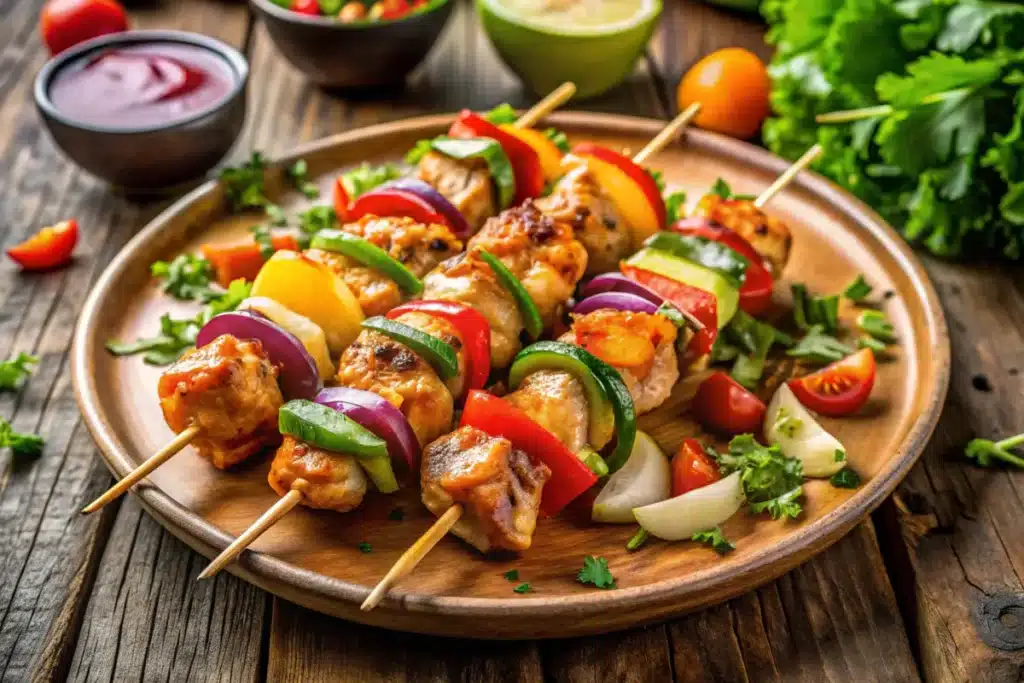 Bang Bang Chicken Skewers served on a rustic wooden platter with colorful vegetables and creamy sauce, perfectly grilled