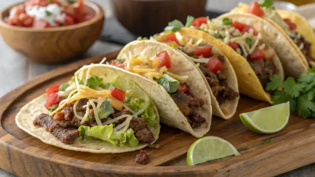 A platter of mini tacos with beef, cheese, and colorful toppings.
