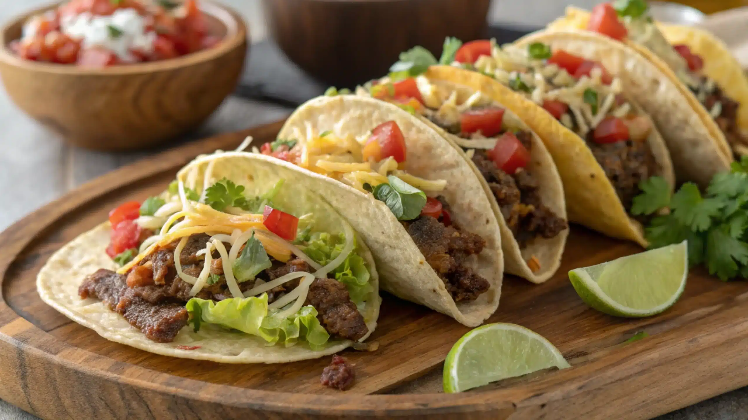 A platter of mini tacos with beef, cheese, and colorful toppings.