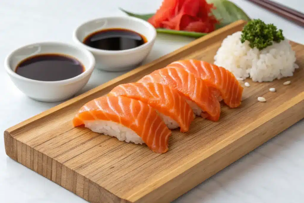Close-up of salmon nigiri on a wooden board with soy sauce on the side