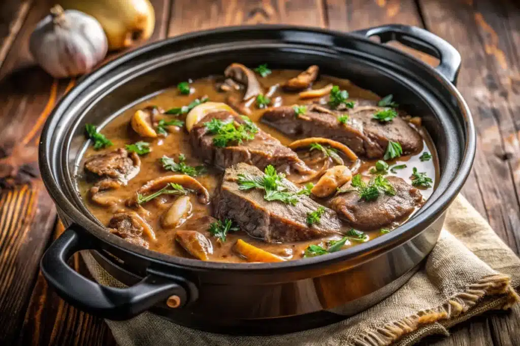 Juicy slow cooker cube steak in a rich gravy.