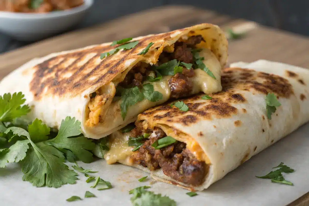 Grilled cheese burrito with crispy cheese crust and beef filling.
