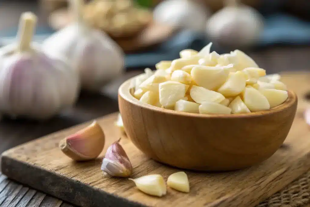 Freshly minced garlic cloves in a wooden bowl, ready for cooking