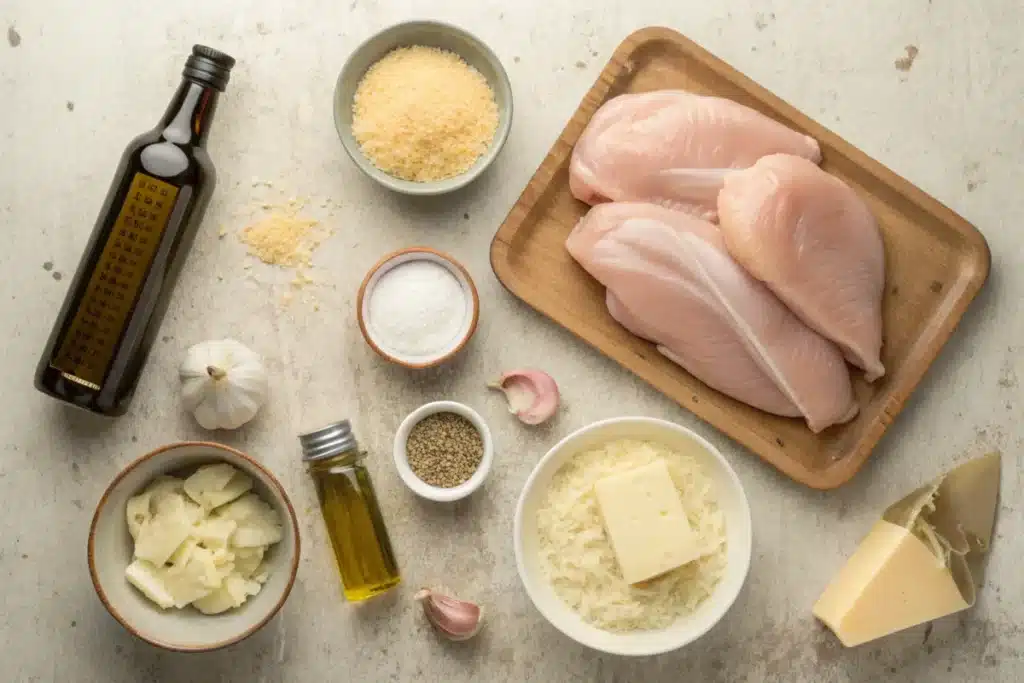 Ingredients for slow cooker garlic parmesan chicken laid out on a wooden counter.