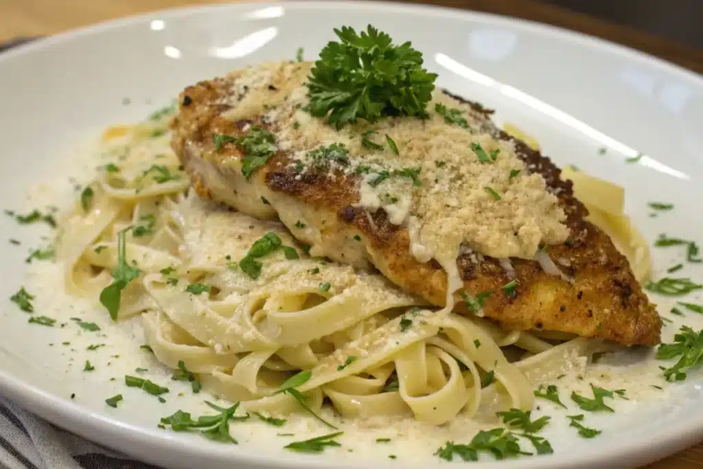 Garlic parmesan chicken served over pasta with parmesan and parsley.