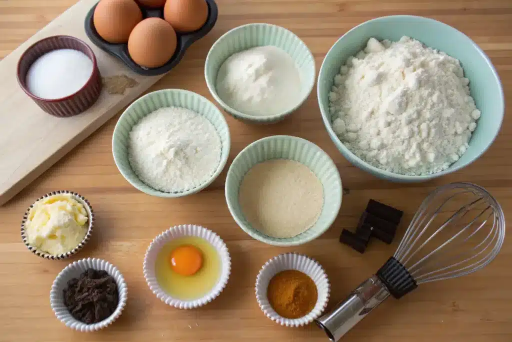 Ingredients for making gluten-free cupcakes on a wooden countertop.