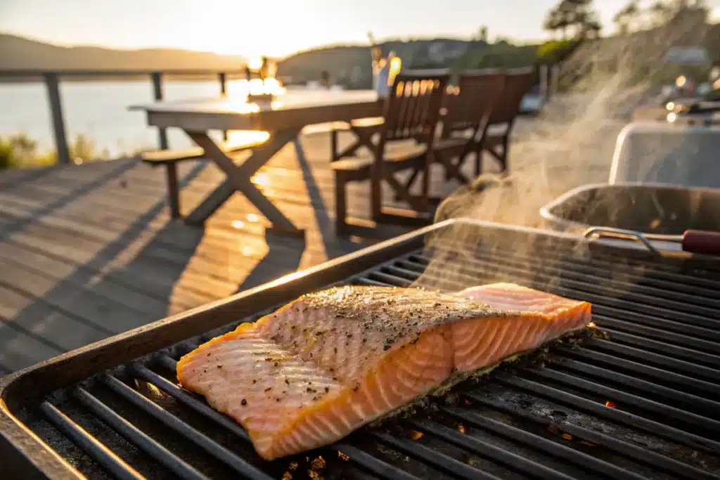 Salmon fillet on a grill with char marks and golden edges.