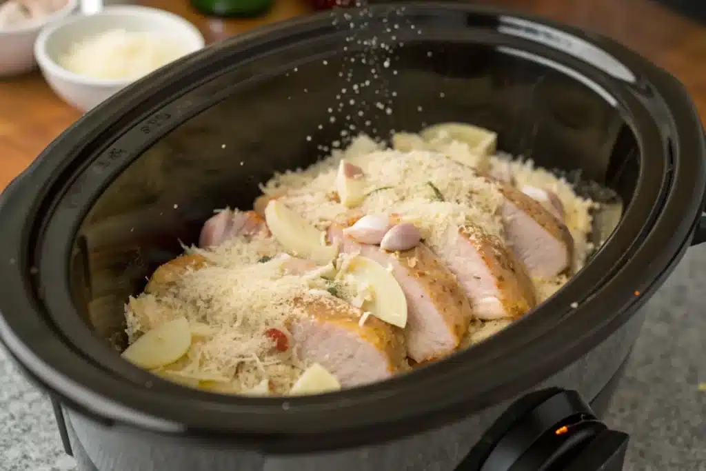 Chicken and sauce cooking in a slow cooker for garlic parmesan chicken