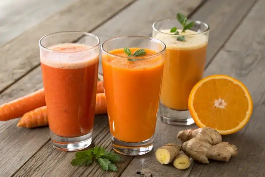 Three variations of carrot juice: plain carrot, carrot-orange, and carrot-ginger.