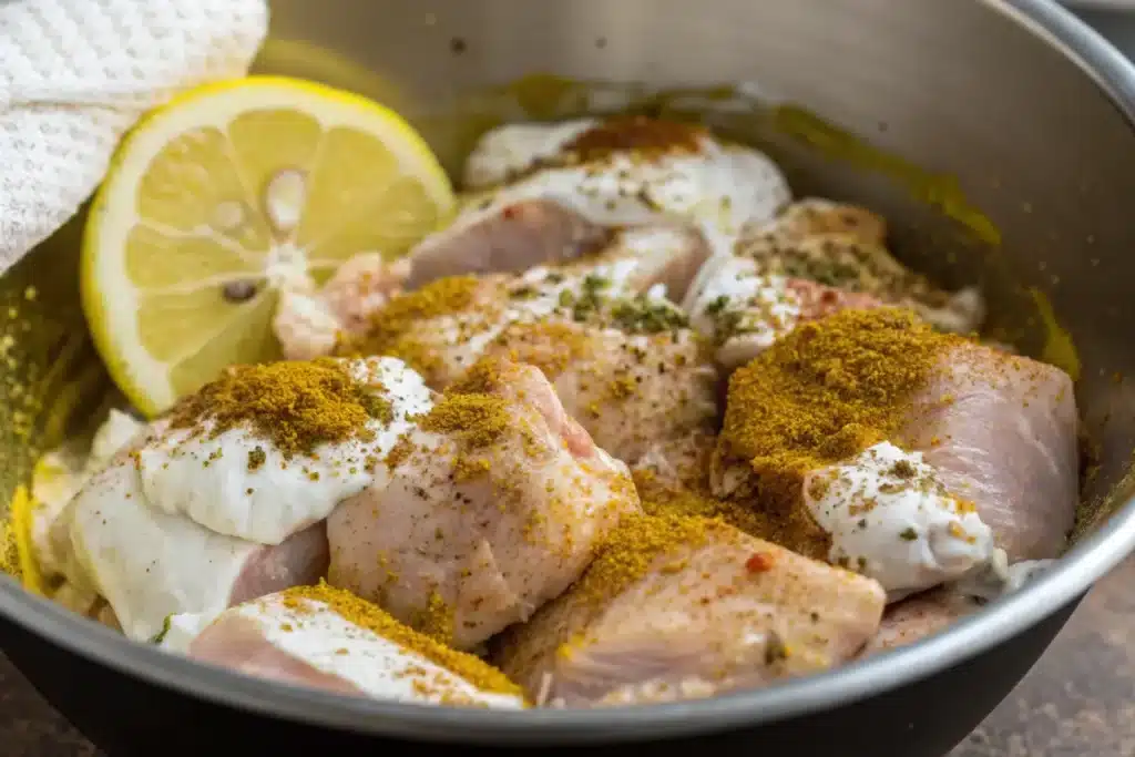 Chicken marinating in a blend of Middle Eastern spices