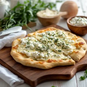 Cottage Cheese Flatbread with fresh herbs on a wooden board.