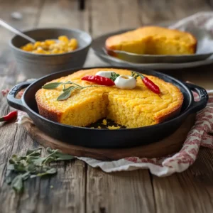 Southern-style cornbread in a black cast iron skillet with a slice missing, topped with sour cream, red chilies, and herbs.