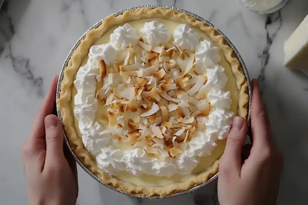 Assembling coconut cream pie with whipped topping and toasted coconut