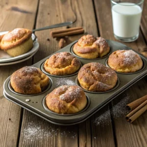 A batch of freshly baked cinnamon sugar muffins in a muffin tin, dusted with powdered sugar, with a glass of milk and cinnamon sticks on a rustic wooden table.