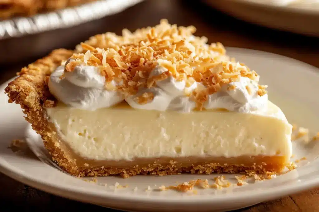 A slice of coconut cream pie with thick custard and toasted coconut