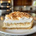 A slice of coconut cream pie with smooth custard and a sprinkle of toasted coconut flakes