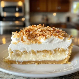 A slice of coconut cream pie with smooth custard and a sprinkle of toasted coconut flakes