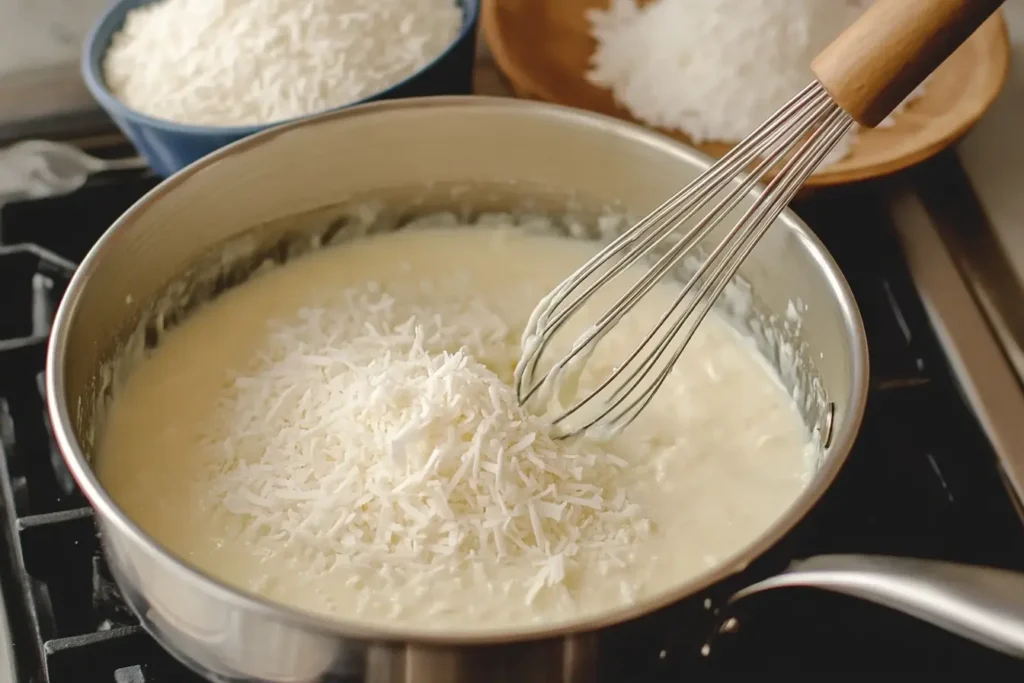 Coconut custard filling being stirred on the stove