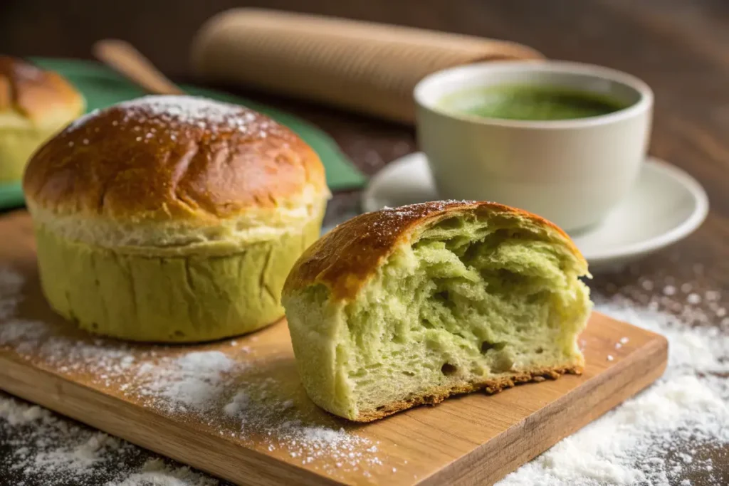 Soft and fluffy matcha pan with a golden crust and green tea flavor