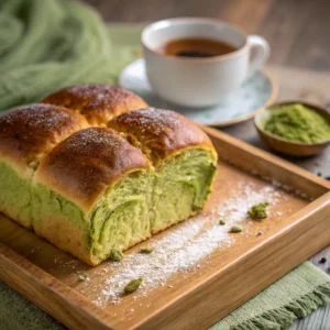 Fluffy matcha pan with a golden-brown crust and vibrant green tea essence.