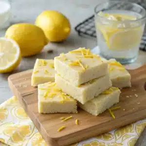 Homemade lemon protein bars topped with fresh lemon zest.