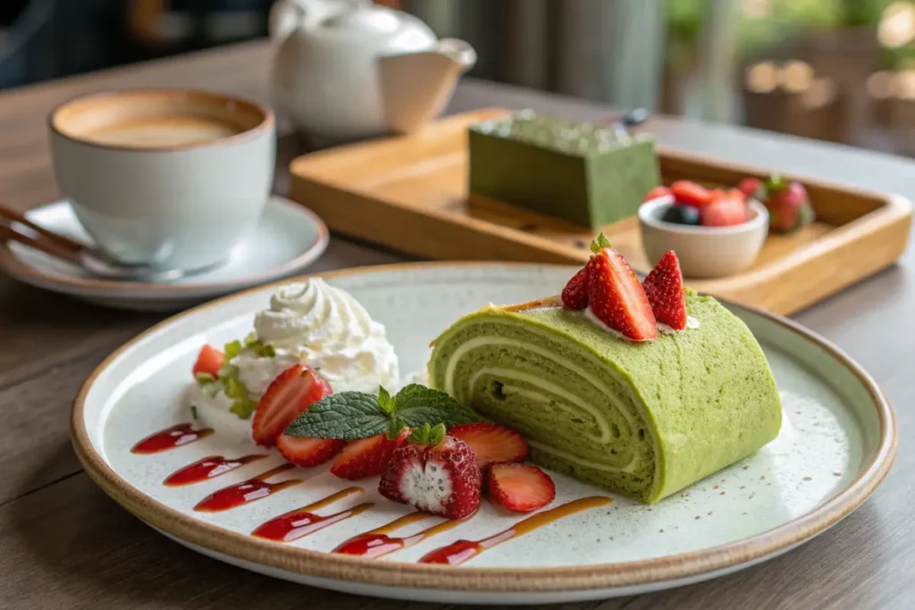 Matcha crepe roll cake with strawberries and whipped cream