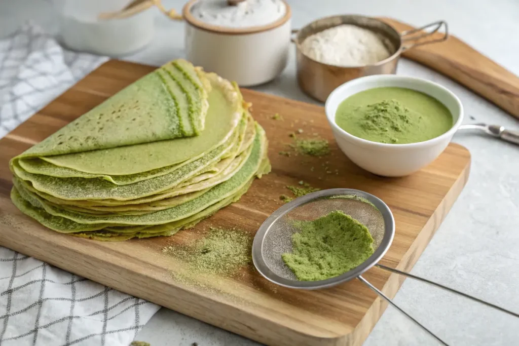 Stack of matcha crepes with matcha powder being sifted on top
