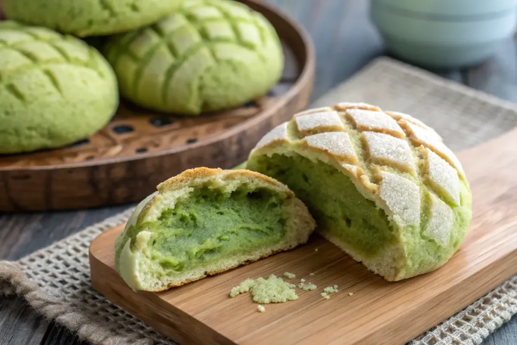 Crispy matcha melon pan with a soft green tea bread interior
