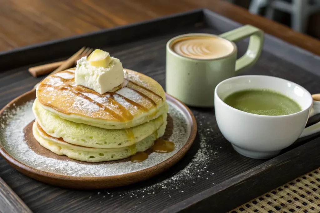 Toasted matcha pan with butter and honey, served with matcha latte