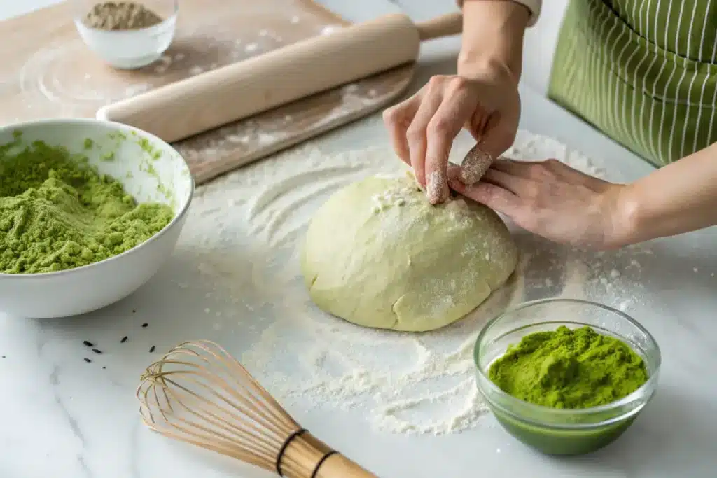 Kneading matcha bread dough with matcha powder on a wooden surface