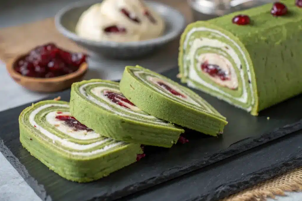 Matcha red bean crepe roll cake with smooth anko filling
