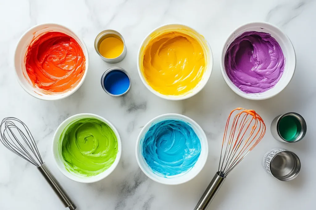 Six bowls of pancake batter in different rainbow colors