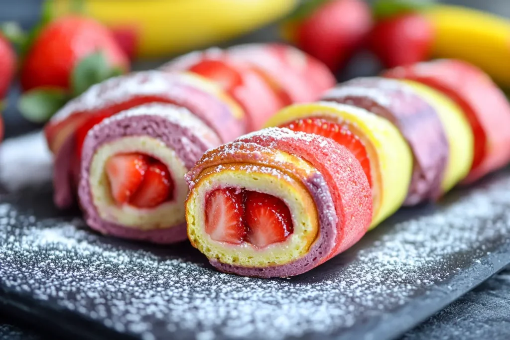 Rainbow pancake roll-ups with Nutella and strawberries