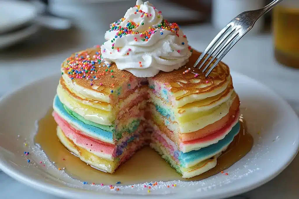 Rainbow pancakes with whipped cream, syrup, and sprinkles