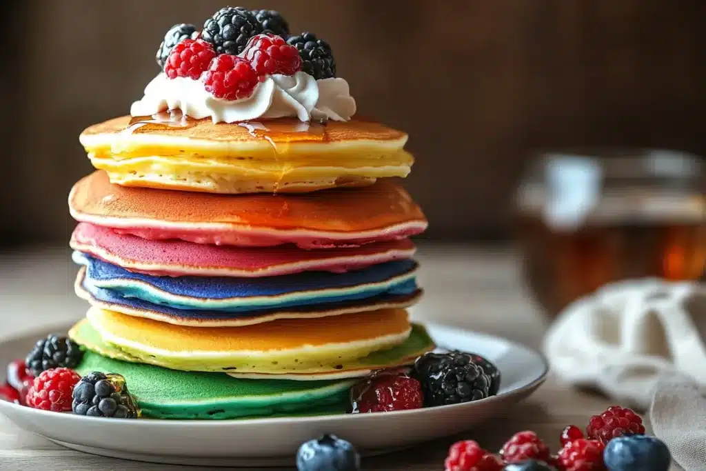 A fluffy stack of rainbow pancakes topped with whipped cream and syrup